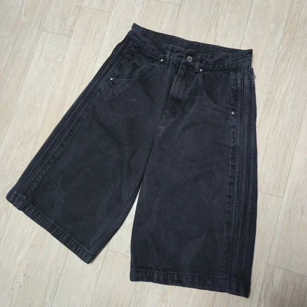 [BUNJANG] Adidas Three-Stripes Flame Denim Bermuda Shorts Black / 아디다스 삼선 플레임 데님 버뮤다 팬츠 숏츠 흑청 블랙
