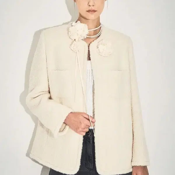 [BUNJANG] Mine Alpaca Blend Bouclé Collarless Jacket / 한섬 마인 알파카 블렌드 부클 칼라리스 자켓