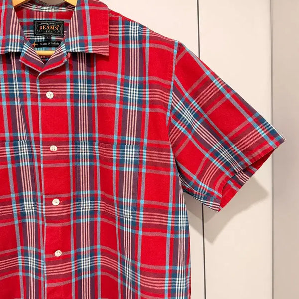 [BUNJANG] BEAMS PLUS Made in Japan Embroidered Tartan Check Open Collar Short Sleeve Shirt (Red, L) / BEAMS PLUS 빔즈플러스 메이드인재팬 엠브로이더리 반팔 셔츠 L