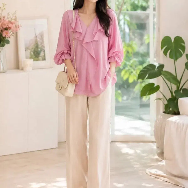 [BUNJANG] Women's Pink Frill Sleeve Blouse / 여성 블라우스 핑크색 프릴 소매