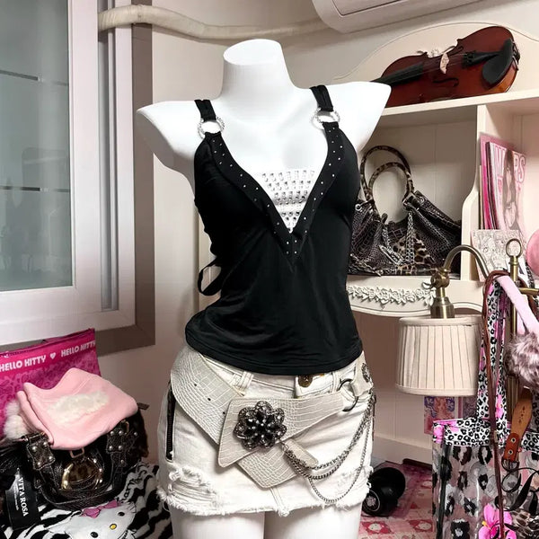 [BUNJANG] Vintage Y2K Cubic Ring Sleeveless Top / 오네갸루 큐빅 링 포인트 슬리브리스 탑 빈티지 Y2K 대장 나나NANA 펑크