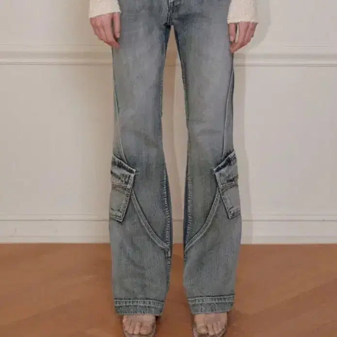 [BUNJANG] Bohemian Seoul Washed Blue Bootcut Cargo Pants / 보헤미안서울 보헴서 워시드 블루 카고 팬츠 부츠컷