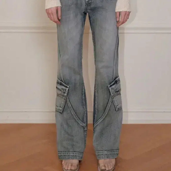 [BUNJANG] Bohemian Seoul Washed Blue Bootcut Cargo Pants / 보헤미안서울 보헴서 워시드 블루 카고 팬츠 부츠컷
