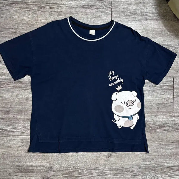 [BUNJANG] White Neckline Navy Short Sleeve T-Shirt / 화이트 넥라인 네이비 반팔티