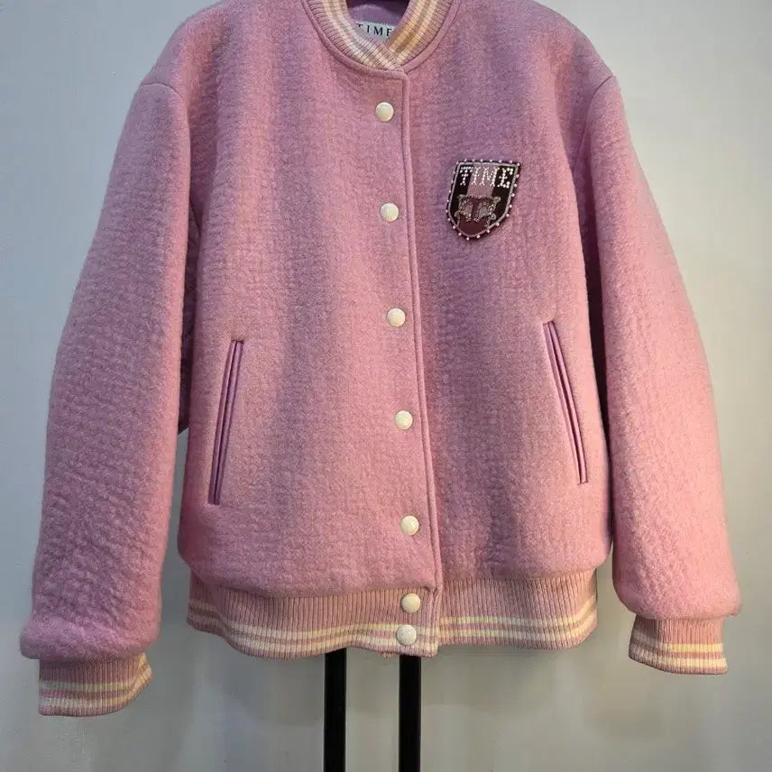 [BUNJANG] TIME (Hansem) Pink Beading Wool & Leather Baseball Jumper / 한섬 타임 핑크 비딩  양털 야구 점퍼