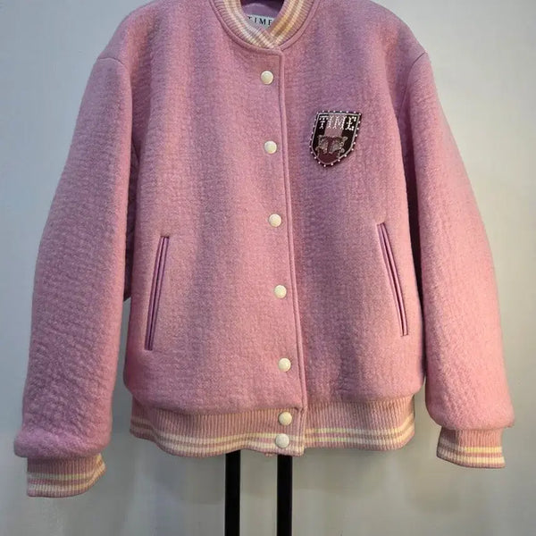 [BUNJANG] TIME (Hansem) Pink Beading Wool & Leather Baseball Jumper / 한섬 타임 핑크 비딩  양털 야구 점퍼