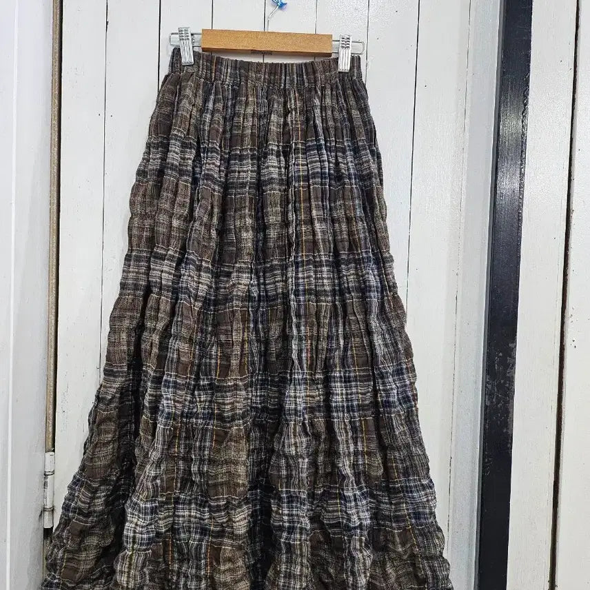 [BUNJANG] MARANT Women's Checked Long Flare Skirt (Free Size, Brown) / 새상품 MARANT 여성 체크 롱스커트 Free 브라운 밴딩 A라인 플레어 체크패턴 허리밴딩 롱치마 새제품