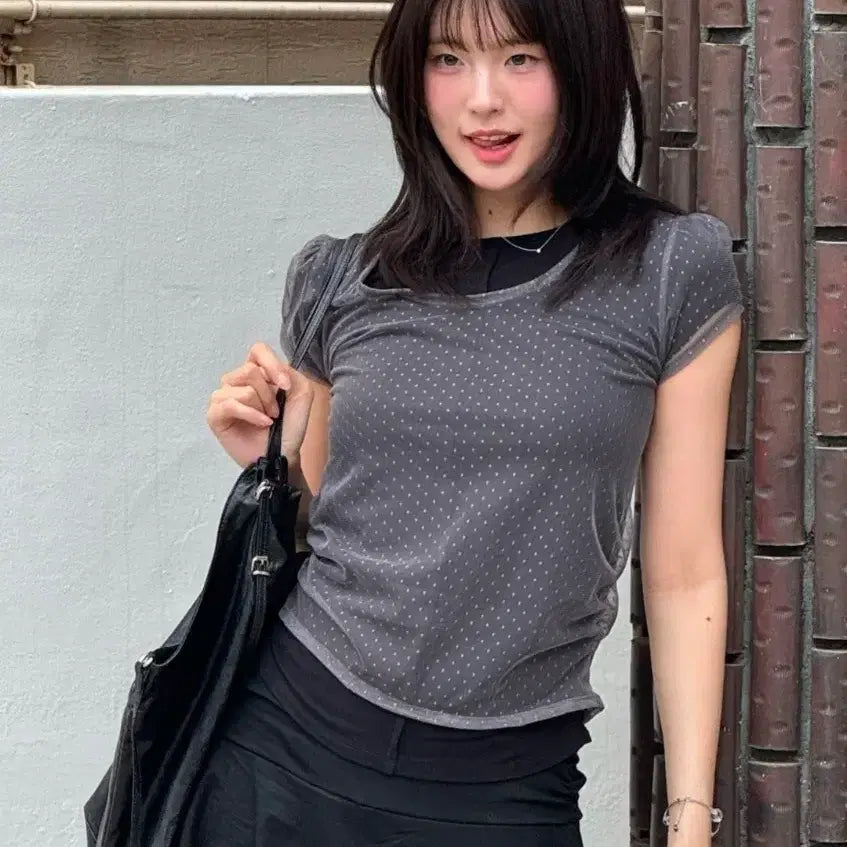 [BUNJANG] Mixxo Dot See-Through Layered Short Sleeve T-Shirt / 미쏘 도트 시스루 레이어드 반팔 티셔츠