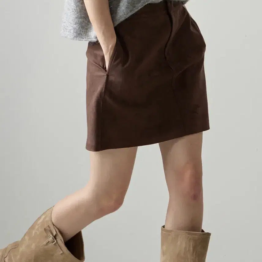 [BUNJANG] Facade Pattern Suede Mini Skirt Brown XS / 파사드패턴 스웨이드 미니 스커트 브라운 xs