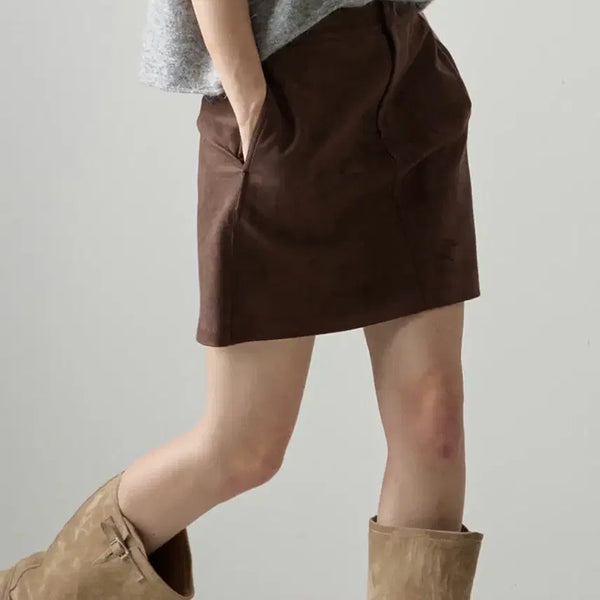 [BUNJANG] Facade Pattern Suede Mini Skirt Brown XS / 파사드패턴 스웨이드 미니 스커트 브라운 xs