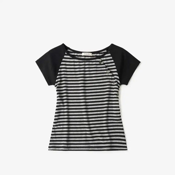 [BUNJANG] Helene Paris Diagonal Button Stripe Heart T-Shirt - Grey/Black / 헬레네파리스) 다이애그널 버튼 스트라이프 하트 티셔츠 [그레이-블랙]