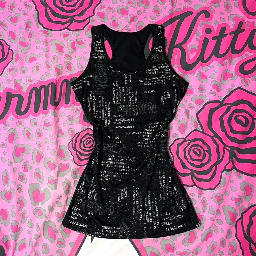 [BUNJANG] Y2K Silver Glitter Lettering Long Sleeveless Vintage Punk One-Piece / Y2K 실버 글리터 펄 레터링 롱 슬리브리스 빈티지 펑크 오네갸루 나나NANA