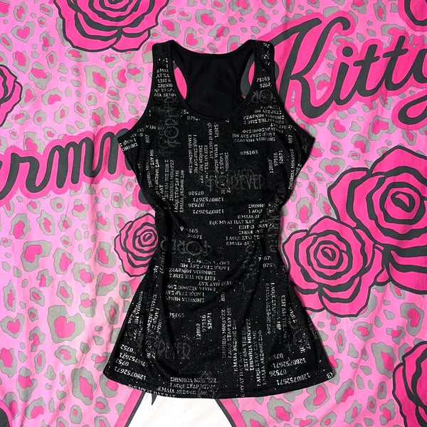 [BUNJANG] Y2K Silver Glitter Lettering Long Sleeveless Vintage Punk One-Piece / Y2K 실버 글리터 펄 레터링 롱 슬리브리스 빈티지 펑크 오네갸루 나나NANA