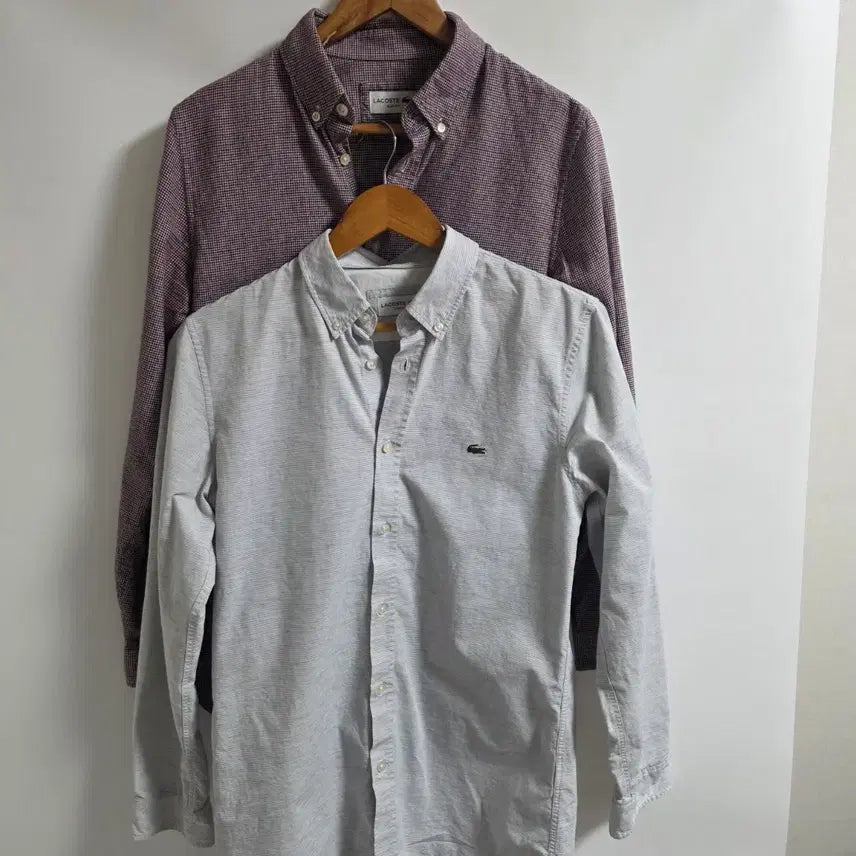 [BUNJANG] Lacoste Slim Fit Shirts Bundle Set (Grey Stripe/Burgundy Check) Size S / 라코스테 슬림핏 셔츠 2장 일괄 (그레이스트라이프/버건디체크) S(38)