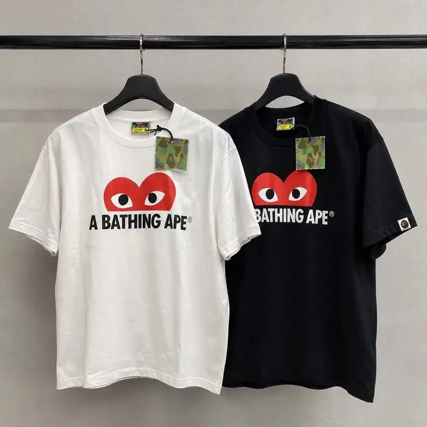 [BUNJANG] Bape x Comme des Garçons Collaboration Heart Short Sleeve T-Shirt Black/White / 베이프 꼼데가르송 콜라보 하트 반팔 티셔츠 블랙/화이트
