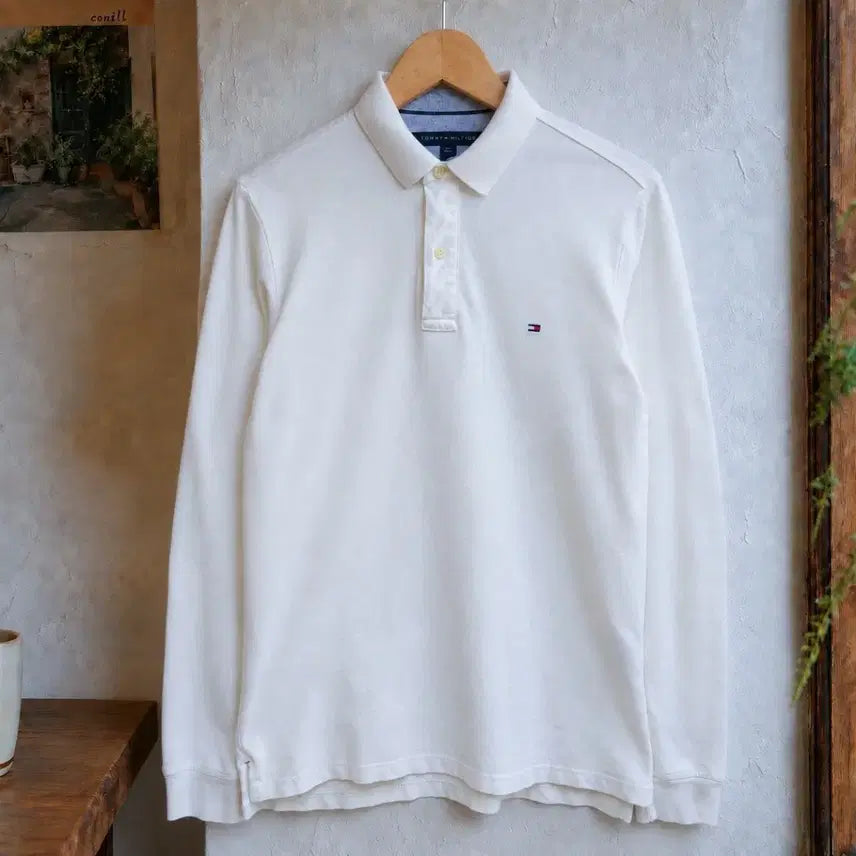 [BUNJANG] Tommy Hilfiger Custom Fit Long Sleeve Pique Polo Shirt White / 100 TOMMY 타미힐피거 긴팔 카라티 피케 셔츠 커스텀핏 화이트