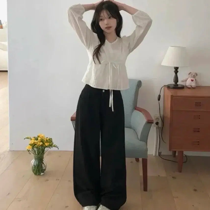 [BUNJANG] Ablly Semi Wide Cotton Long Pants - Black S Long / 에이블리 세미 와이드 코튼 롱팬츠