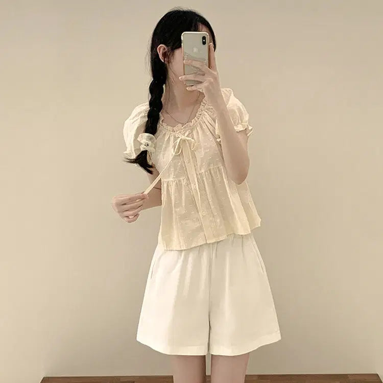 [BUNJANG] Off-Shoulder Puff Sleeve Ribbon Crop Blouse / 반팔 퍼프 리본 입체 오프숄더크롭 블라우스