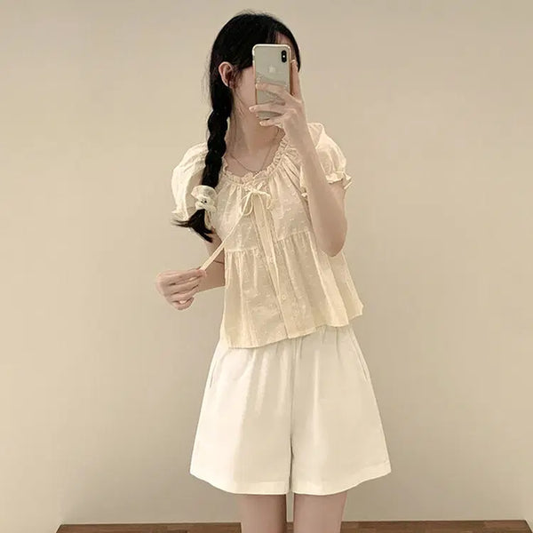 [BUNJANG] Off-Shoulder Puff Sleeve Ribbon Crop Blouse / 반팔 퍼프 리본 입체 오프숄더크롭 블라우스