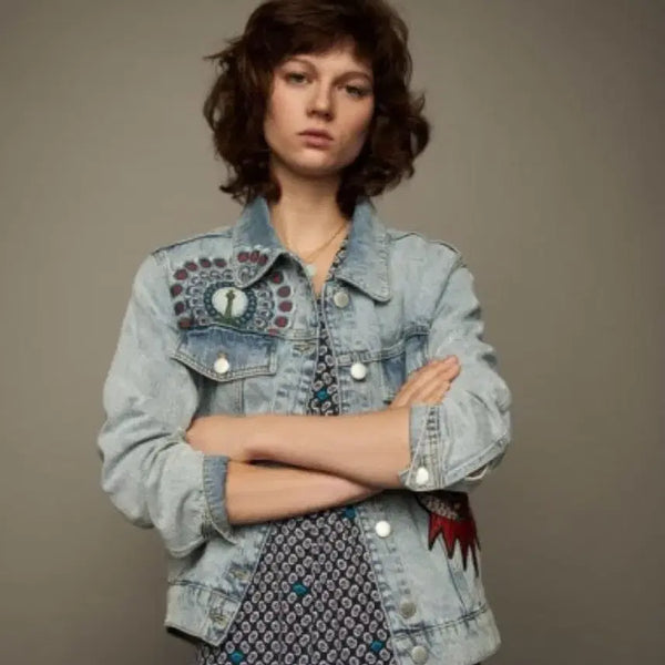 [BUNJANG] Maje Embroidered Peacock Denim Jacket - Size 36 / 마쥬  여성 공작새 자수 대님자켓-36사이즈