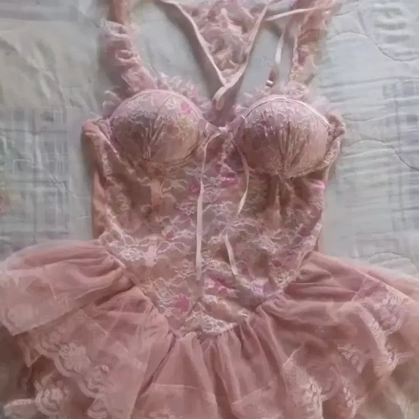 [BUNJANG] Lace Bralette Lingerie Set - Pink / 레이스 란제리 핑크 2세트구매히 5000원할인 3세트구매시8000원 할인