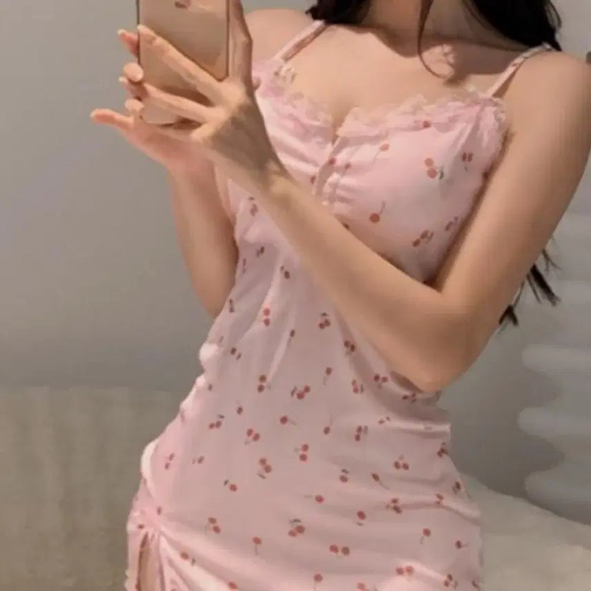 [BUNJANG] Cherry Pattern Strap Dress Pajamas - Pink / 잠옷 체리 공주 끈 원피스 핑크