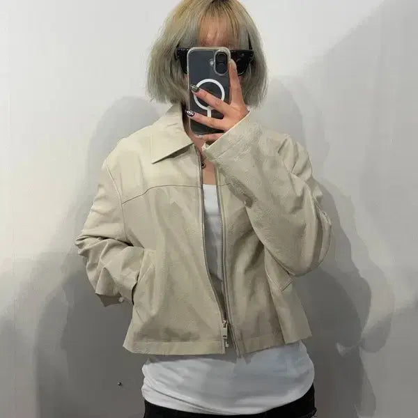 [BUNJANG] LUUL Women's Cropped Leather Jacket Ivory L / L LUUL 루엘 여성 크롭 가죽 자켓 아이보리