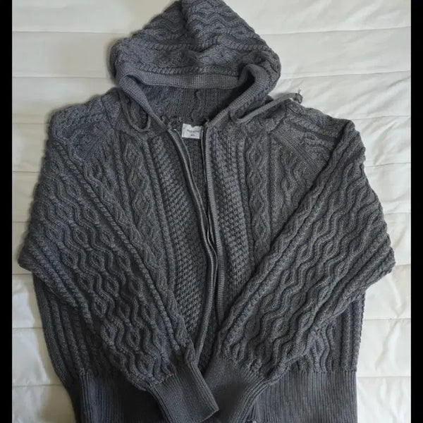 [BUNJANG] Cable Knit Hooded Zip-Up Charcoal / 케이블 니트 후드집업 차콜
