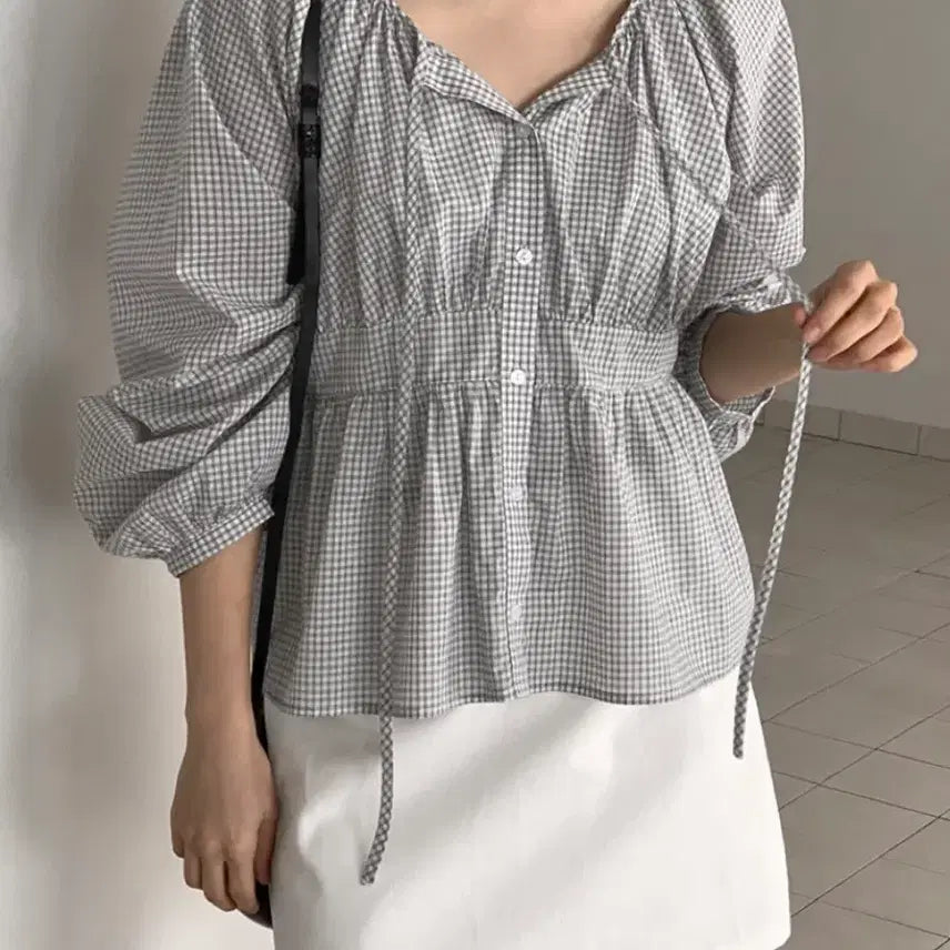 [BUNJANG] Laurenhi String Shirring Blouse Long Sleeve / (2번착용) 로렌하이 스트링 셔링 블라우스 긴팔블라우스