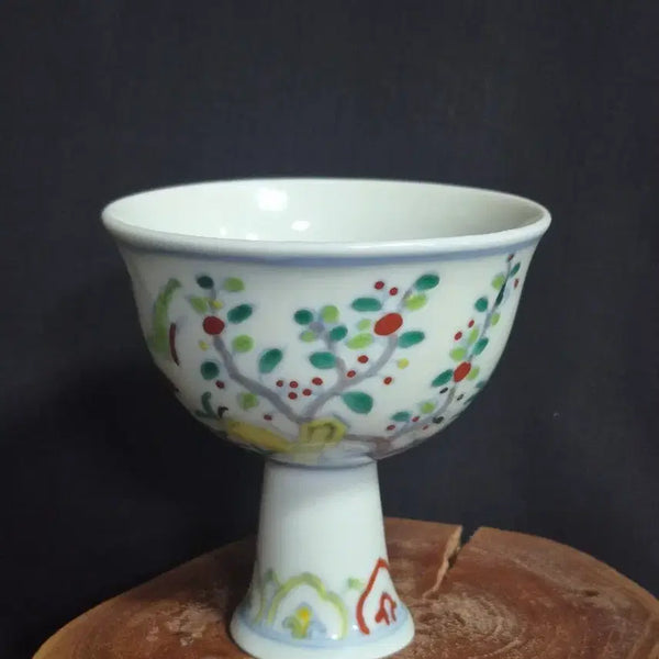 [BUNJANG] Joseon Dynasty Celadon Porcelain Cup with Floral and Butterfly Motif / 박태 분채 법랑채 화초 나비문 고족배 중국도자기