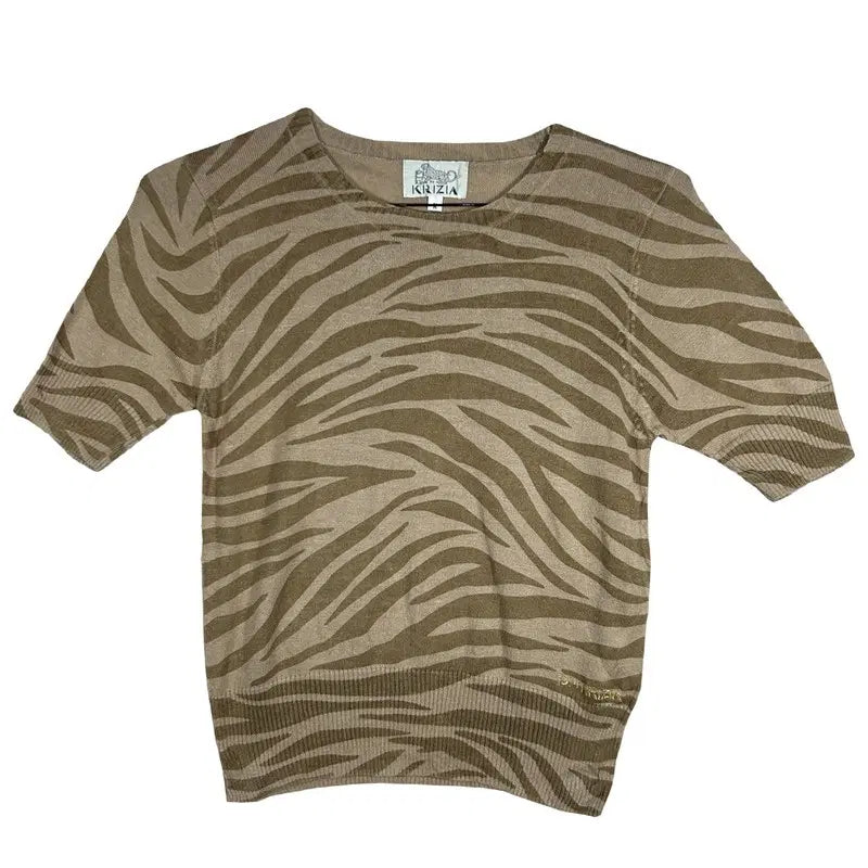 [BUNJANG] Krizia Zebra Pattern Linen Blend Slim Fit Short Sleeve Knit Top / KRIZIA 지브라 패턴 베이지 반팔 니트 [M] 린넨 혼방 슬림핏 상의