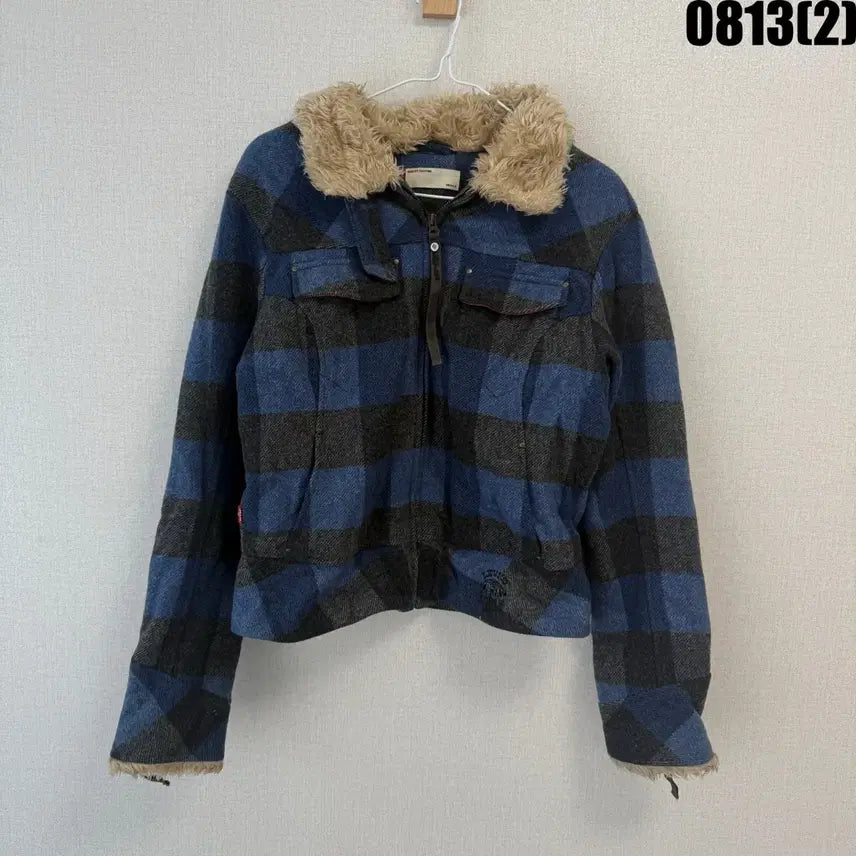 [BUNJANG] Levi's Check Fur Collar Jacket Blue / 리바이스 체크 퍼 카라 자켓 블루 GIRLS-L-95