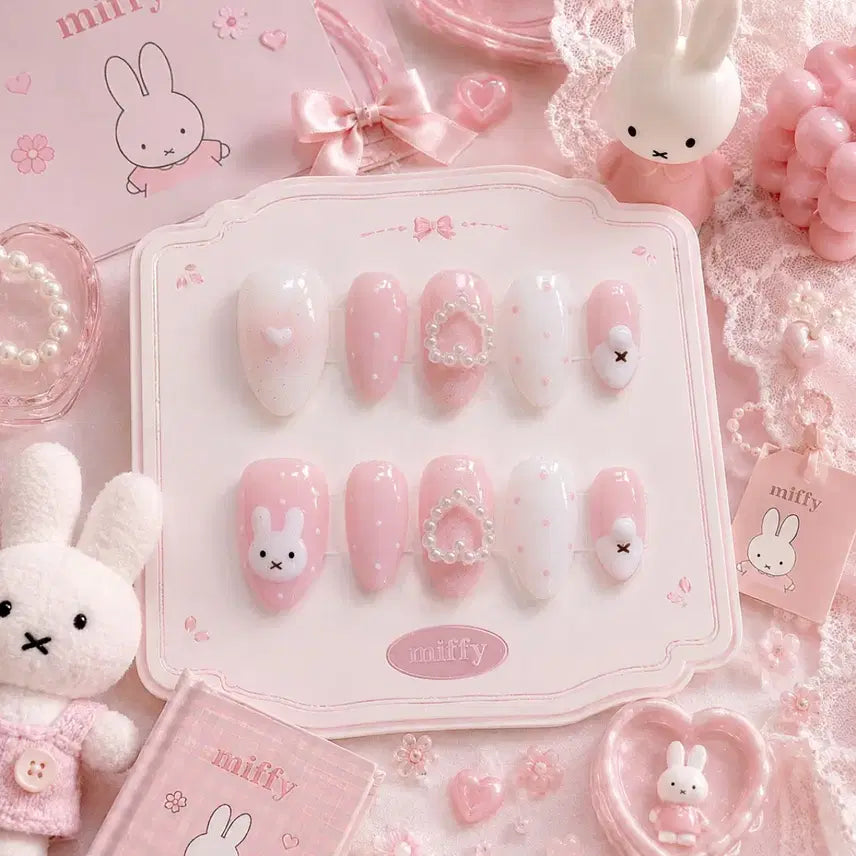 [BUNJANG] Handmade Baby Pink Cheek Gel Nail Tips (Miffy Inspired) / 귀염뽀짝 미피 베이비핑크 치크젤 수제네일팁