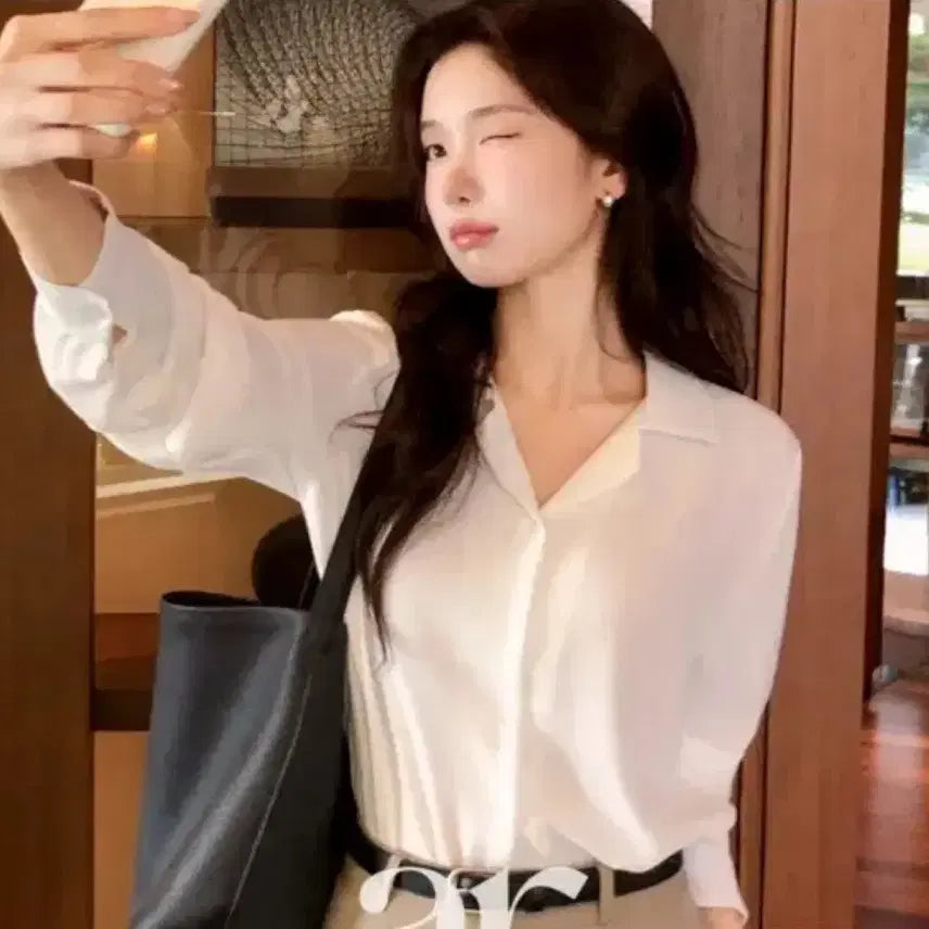 [BUNJANG] Wrinkle-Free Basic Open Collar Blouse - Ivory / 링클프리 베이직 오픈 카라 블라우스 셔츠 아이보리