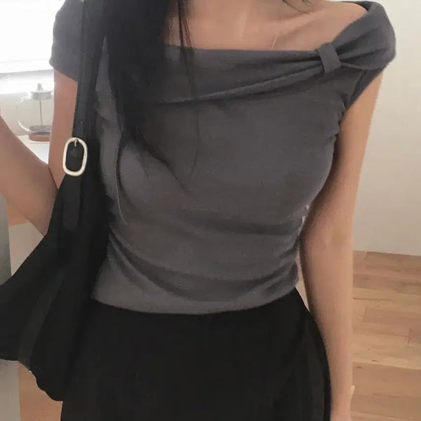 [BUNJANG] FRENCH OF RIBBON Off-Shoulder T-Shirt / 프렌치오브 리본 오프숄더 티셔츠
