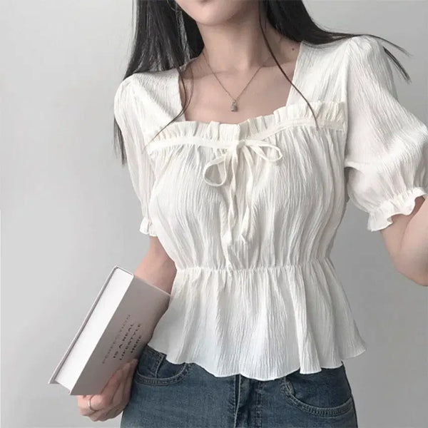 [BUNJANG] Ruched Ribbon Puff Blouse / 교신 셔링 리본 퍼프 블라우스