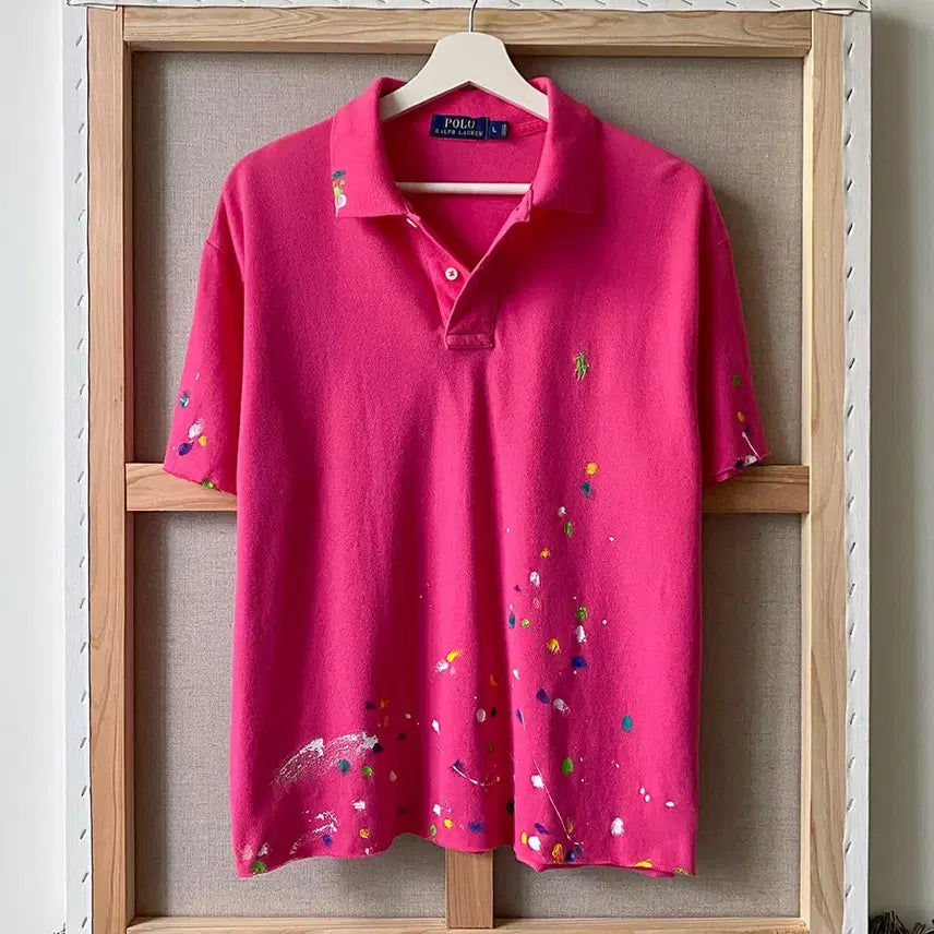 [BUNJANG] Polo Ralph Lauren Painted Pink Collar Short Sleeve T-Shirt / 폴로 랄프로렌 페인팅 핑크 카라 반팔티
