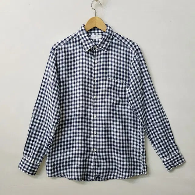 [BUNJANG] Uniqlo Linen 100% Check Shirt Navy / 유니클로 린넨 100% 체크 셔츠 네이비