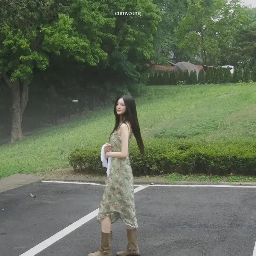 [BUNJANG] Vintage Mood Matcha Flower Frill Bustier Long Dress / 빈티지무드 말차 플라워 프릴 뷔스티에 롱원피스