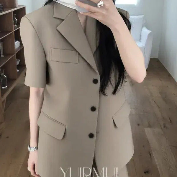 [BUNJANG] LE BUTTER Beige Short-Sleeve Jacket / 르버터 베이지 반팔자켓