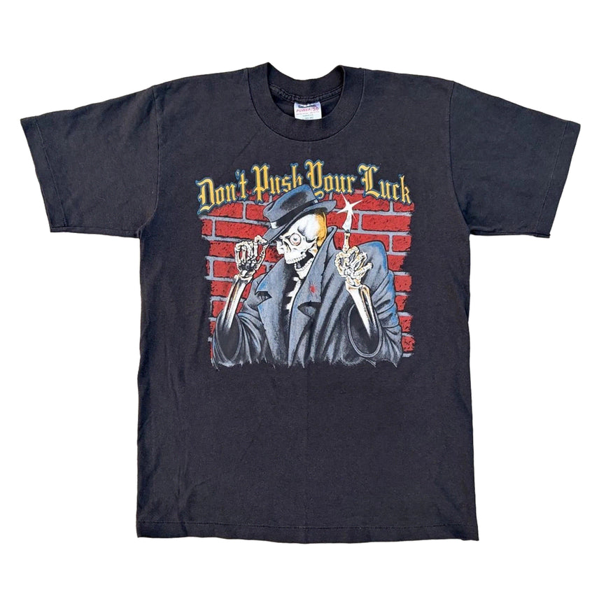 [BUNJANG] 80s Vintage Oneita Skull Knife Graphic T-Shirt / 80s 빈티지 오네이타 Don't Push Your Luck 해골 나이프 그래픽 반팔티