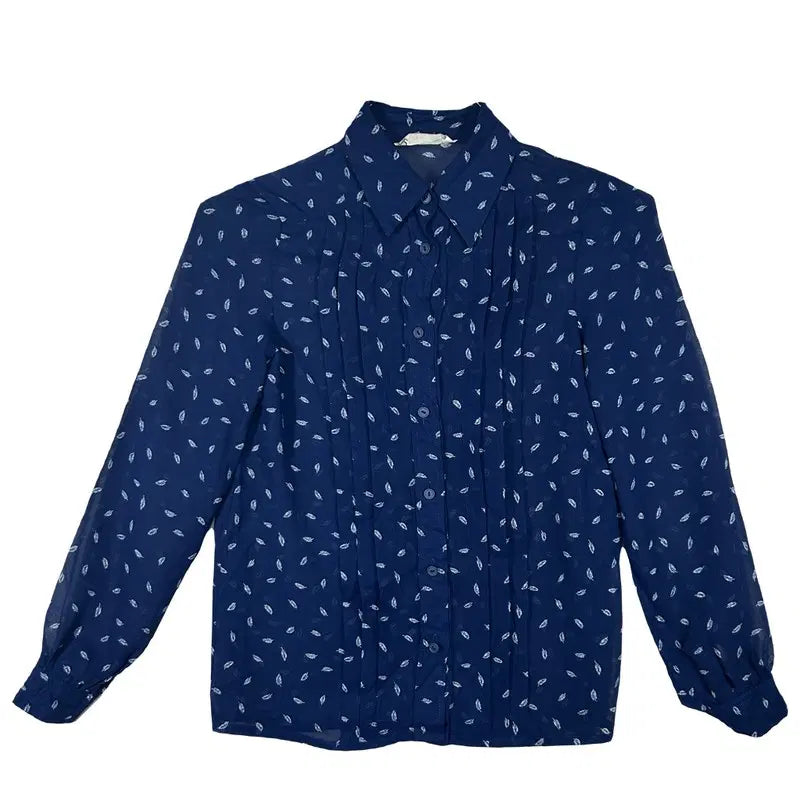 [BUNJANG] Blue Leaf Pattern Long Sleeve Blouse / 블루 리프패턴 긴팔 블라우스 []레트로 빈티지 감성 셔츠