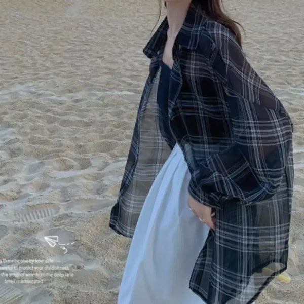 [BUNJANG] Checkered See-Through Long Shirt / 새상품/체크무늬 시스루 롱 남방
