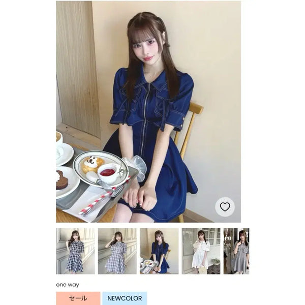 [BUNJANG] One Way Layered Front Zipper Dress Blue / 일본 브랜드 one way 원웨이 레이어드 프론트 지퍼 원피스 블루 Free 일브 걸리계 스나계 일녀룩 반소매 반팔 리본 청