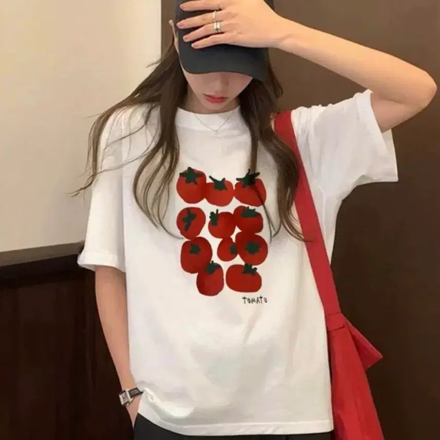 [BUNJANG] Tomato Print Short Sleeve T-Shirt / 토마토 프린팅 반팔티