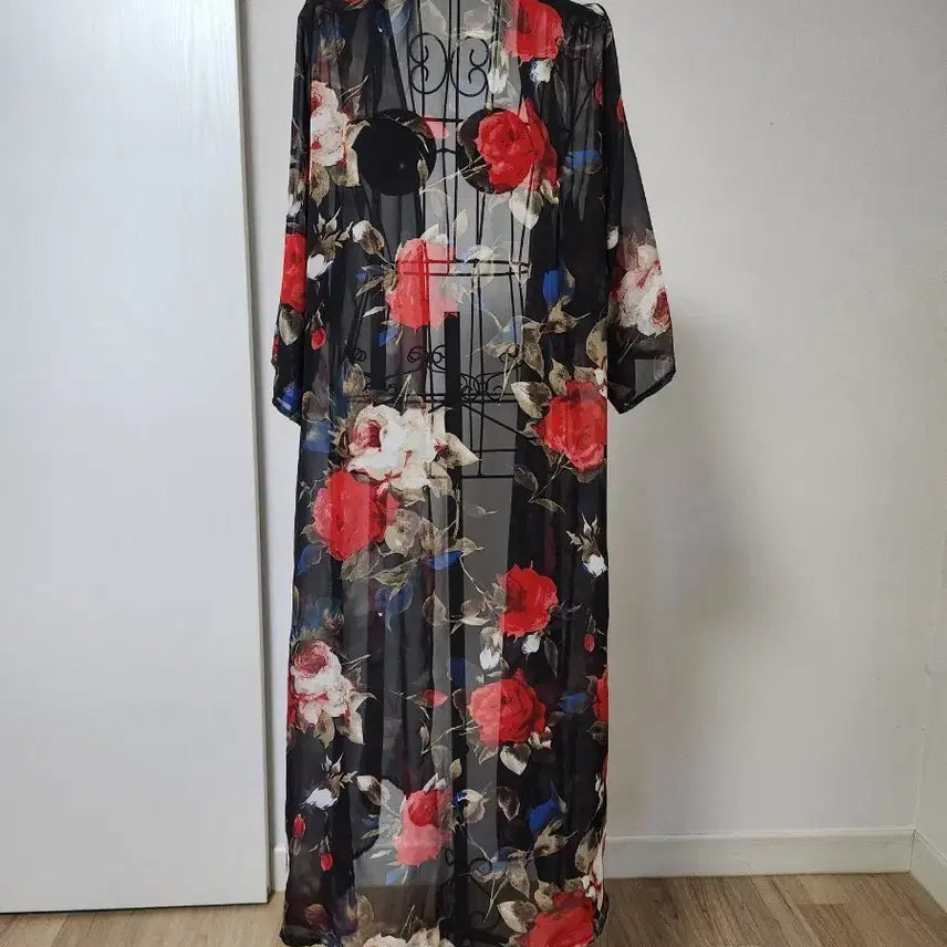 [BUNJANG] Women's Floral Sheer Long Robe Cardigan / 여성 플라워 시스루 롱 로브 가디건
