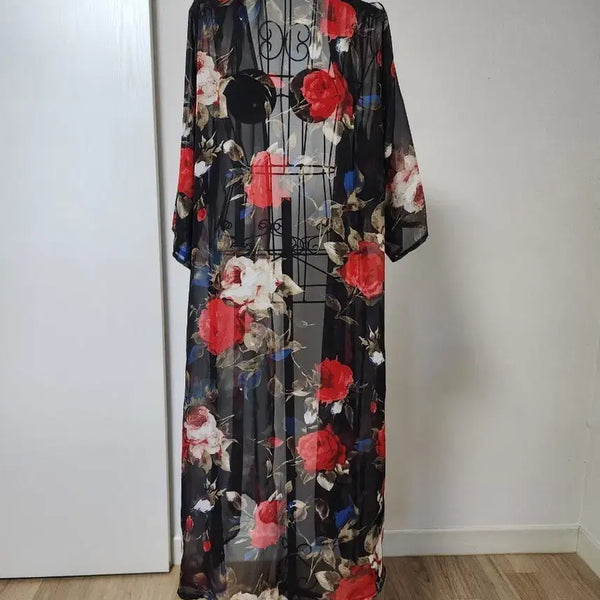 [BUNJANG] Women's Floral Sheer Long Robe Cardigan / 여성 플라워 시스루 롱 로브 가디건