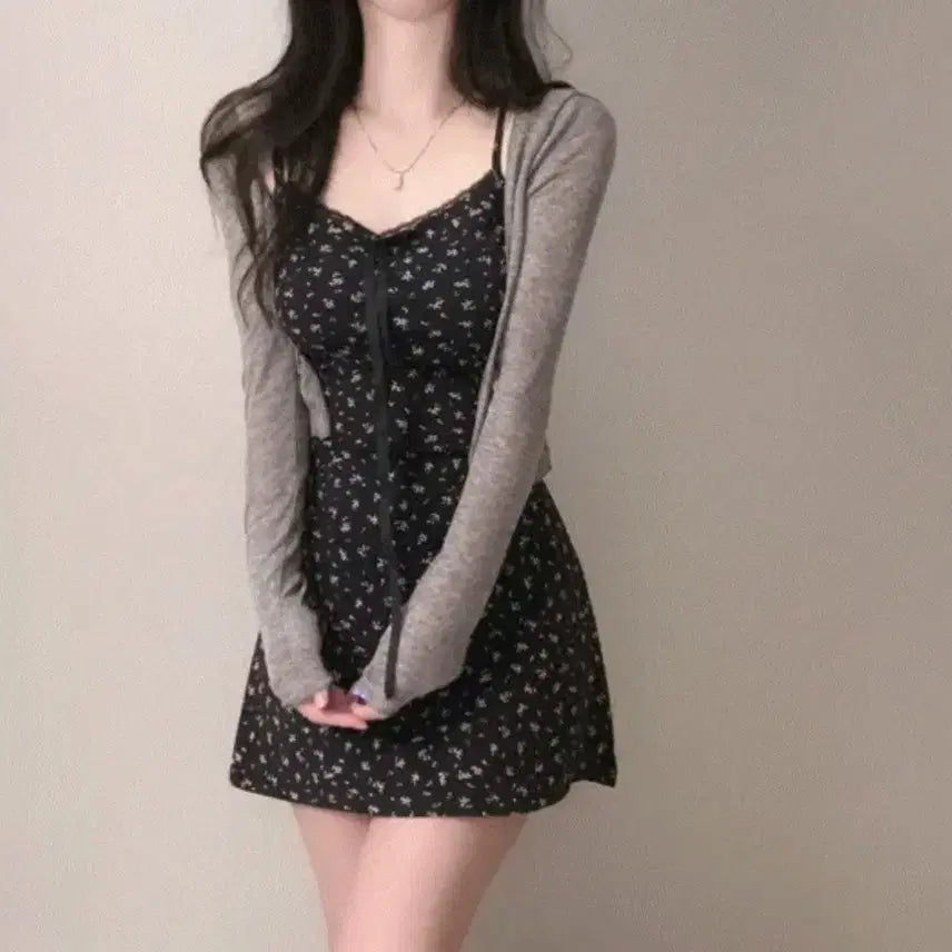 [BUNJANG] Floral Print Cardigan Dress Set / 꽃무늬 슬립 가디건원피스세트 새거