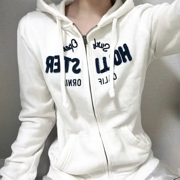 [BUNJANG] Hollister White Women's Hooded Zip-Up Jacket / 여성L/홀리스터 화이트 후드집업/아우터/브랜드/옷/딱붙핏/여성/교복아우터
