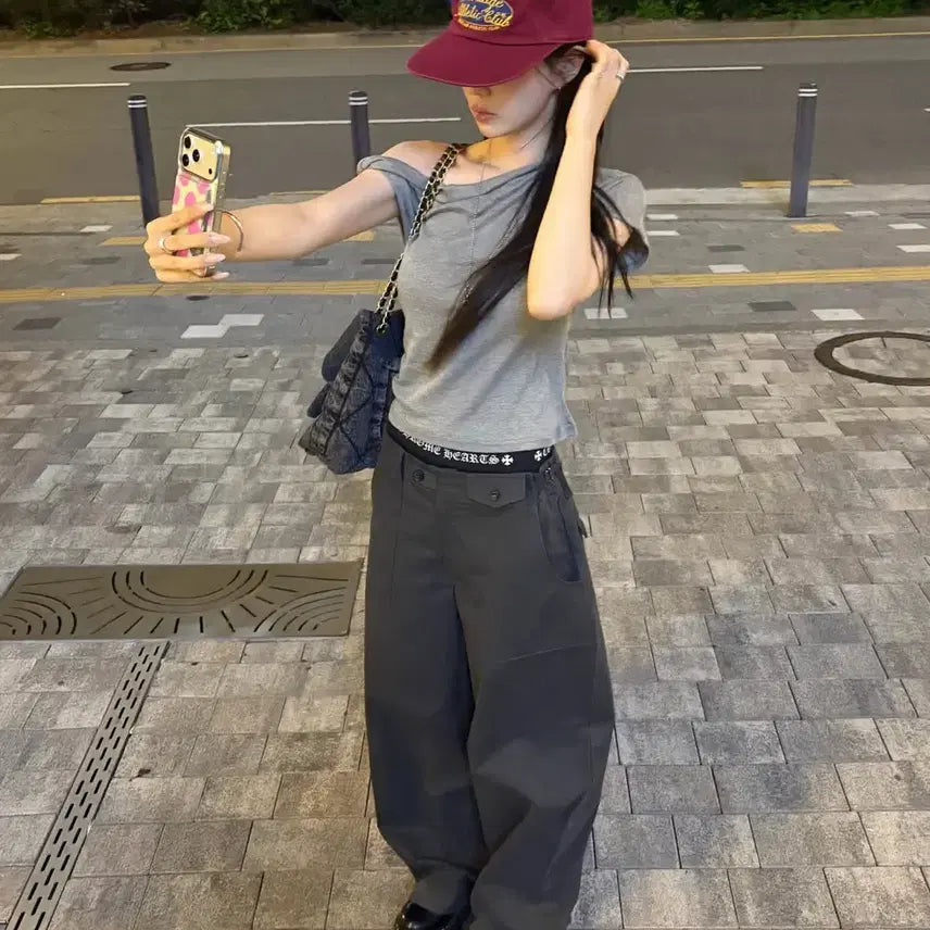 [BUNJANG] SooSooAng Off-Shoulder T-Shirt & Wide Pants Set / (세트) 수수앙 오프숄더 반팔티 와이드 팬츠 바지